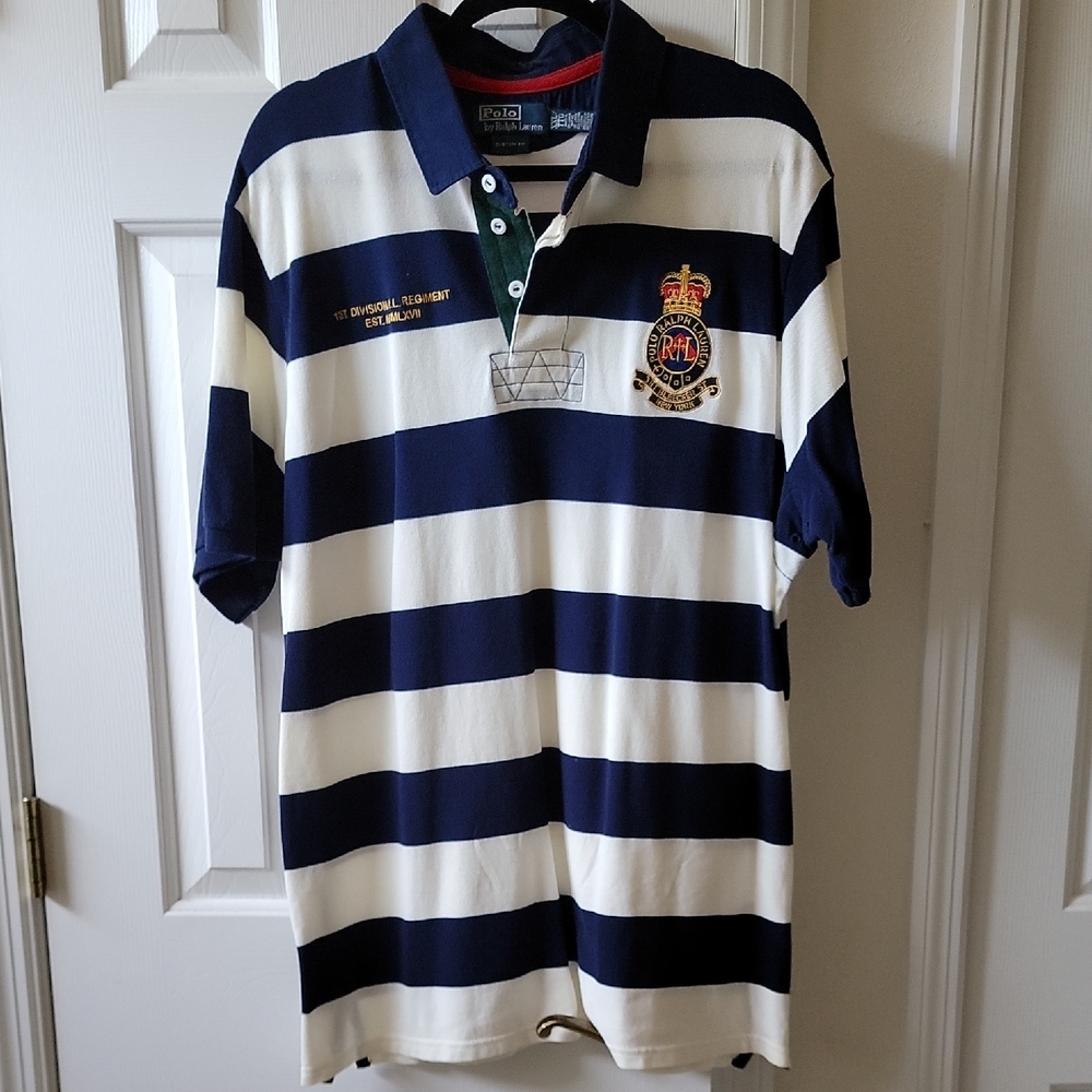 Ralph Lauren Navy and White Striped Men's Polo Shirt